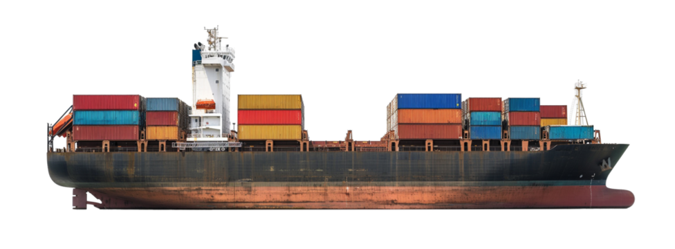 Cargo ship with containers isolated on transparent background