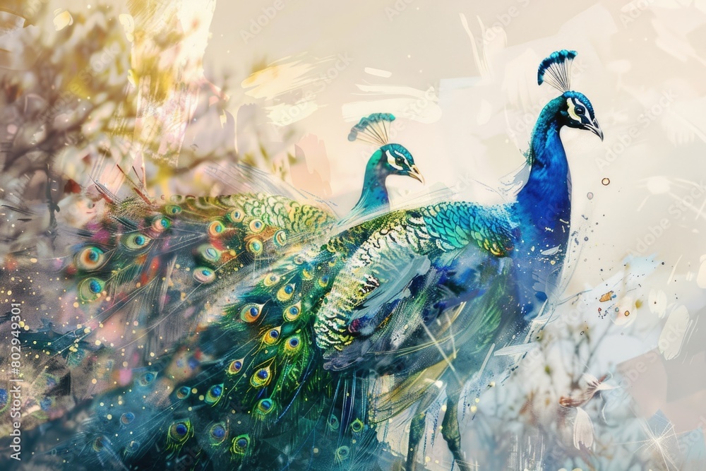 Poster a beautiful image of two peacocks standing side by side. perfect for nature and wildlife themes
