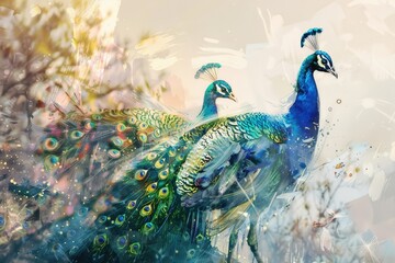 A beautiful image of two peacocks standing side by side. Perfect for nature and wildlife themes