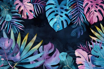 Obraz premium Vibrant tropical leaves on a contrasting black background, suitable for various design projects