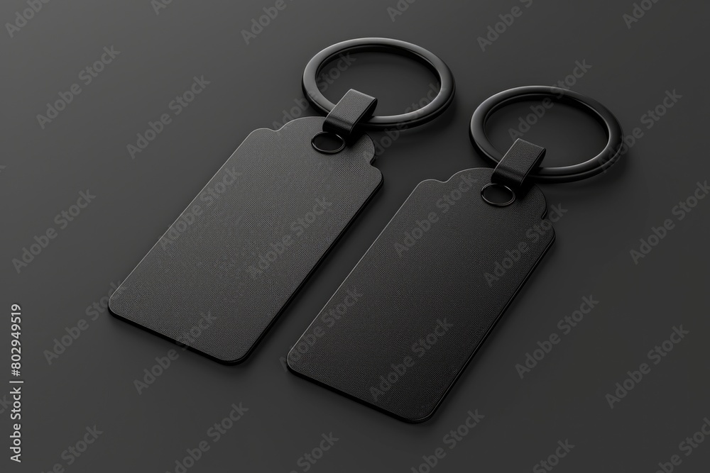 Poster Two black keychains placed on a table, suitable for various concepts and designs