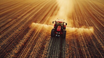 Modern tractor actively spraying crops on a vast farm with a dramatic sunset in the background