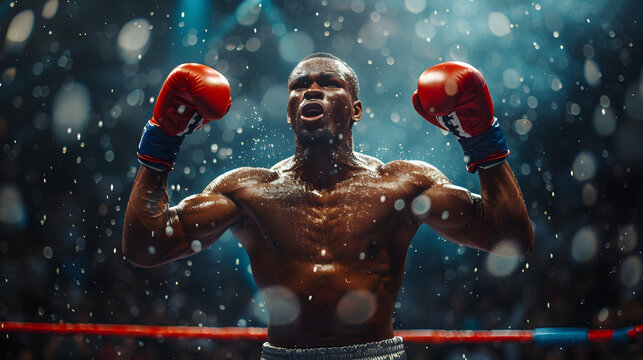 Victorious black boxer raising his arms in celebration in the ring. Triumph and sports achievement concept. Design for sports magazine cover, motivational poster