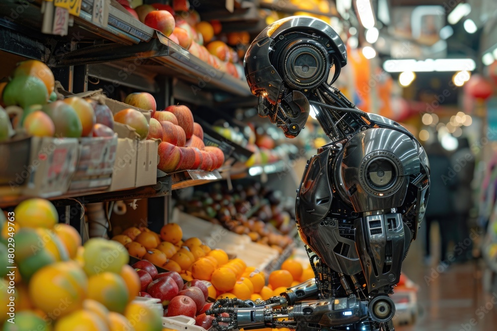 Poster A robot standing in front of a bunch of fruit. Suitable for technology and food industry concepts