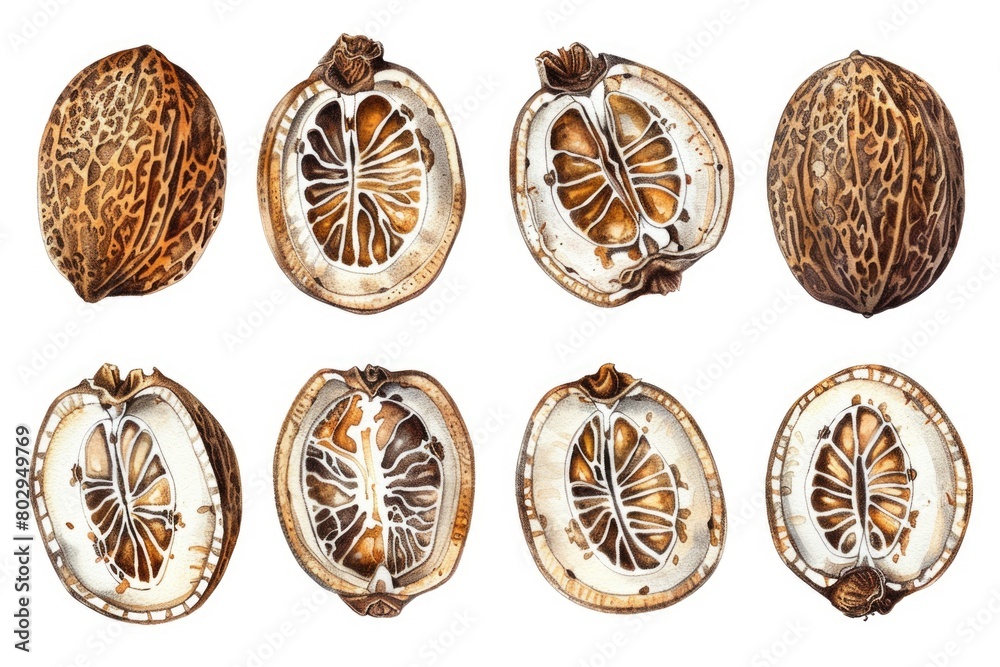Poster various types of nuts on a plain white background. ideal for food and nutrition concepts