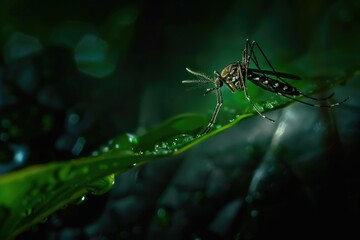 A mosquito resting on a vibrant green leaf, suitable for nature or insect-related projects