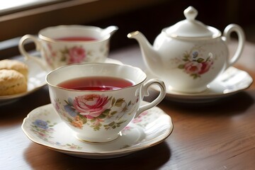 Transport yourself to a cozy afternoon tea with a vintage floral tea cup, filled to the brim with rich cream and accompanied by warm, buttery scones and a dollop of jam.
