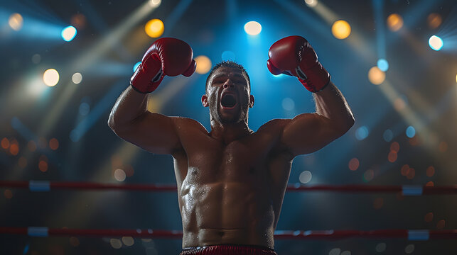 Boxer celebrating victory in the ring with arms raised. Sports achievement and motivation concept. Design for sports magazine cover, motivational gym poster - Powered by Adobe