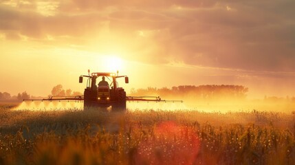Fototapeta premium Tractor sprays crops in a field at sunset, with a golden haze