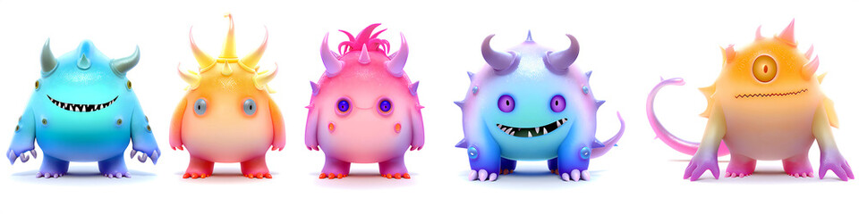 3d rendered illustration set of cute colorful scary kawaii monster isolated on white background