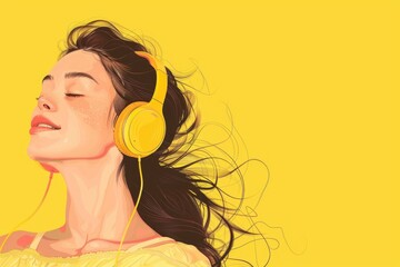 A woman wearing headphones against a vibrant yellow background. Perfect for music-related designs