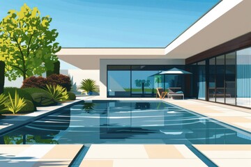 A painting of a house with a swimming pool. Suitable for real estate or vacation concepts
