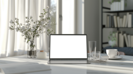 Front view of modern designer desktop with blank computer screen, and other items. Mockup