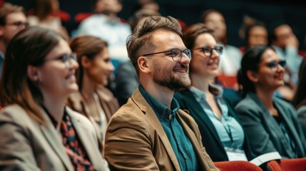 Portrait of confident businessman sitting in seminar hall
