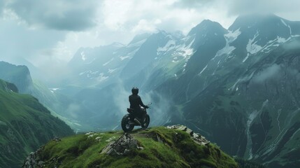 A person sitting on a motorcycle on a mountain top. Perfect for adventure and travel concepts