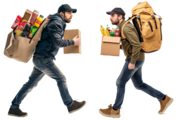 Man cradling and holding a paper bag full of various healthy vegetarians isolated on a transparent background