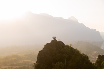 hiker mountain hut chalet on top of cliffs in Vang Vieng, the adventure capital of Laos