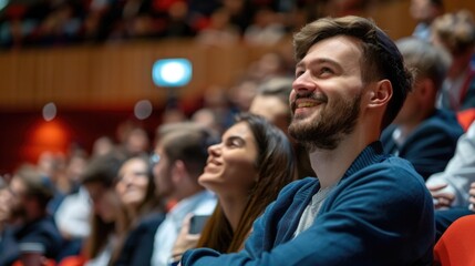 Fototapeta premium Portrait of confident businessman sitting in seminar hall
