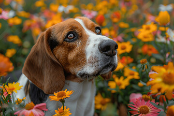 A basset hound with droopy ears sniffing around a colorful flower garden.