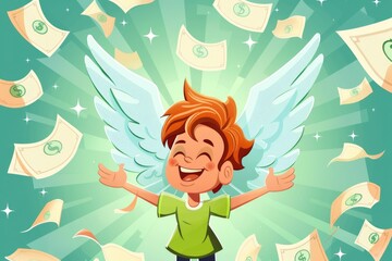 Cartoon boy with wings surrounded by flying money. Suitable for financial concepts