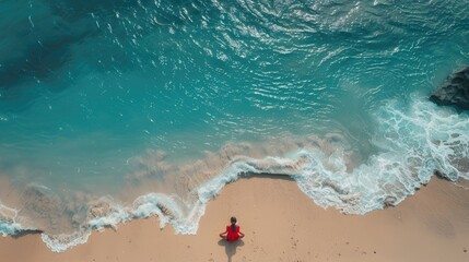 An aerial view of two individuals standing on the beach, overlooking the azure waters with surfboards in hand AIG50