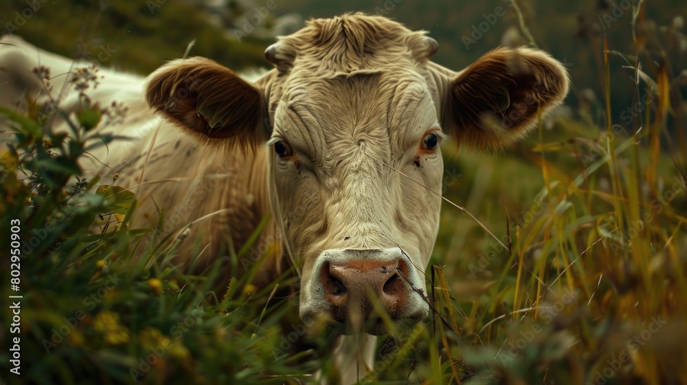 Poster close up of a cow in a field of tall grass. suitable for agricultural concepts