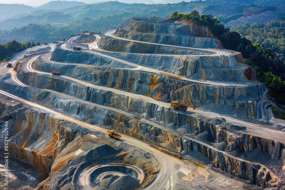 Poster aerial view of a quarry with trucks. suitable for industrial concepts