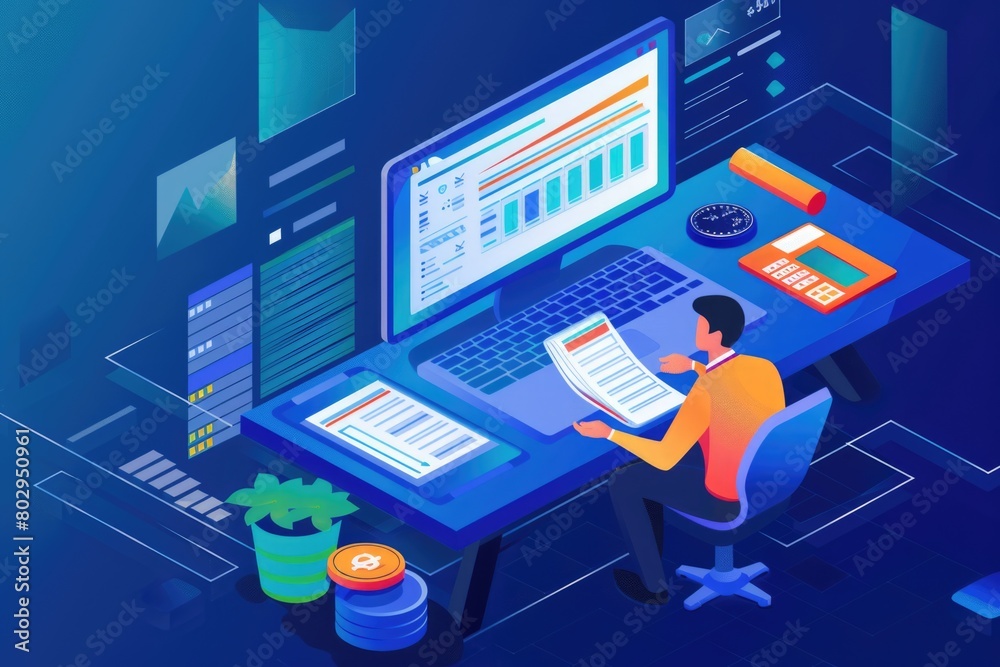 Poster a man sitting at a desk with a laptop and papers. suitable for business and technology concepts