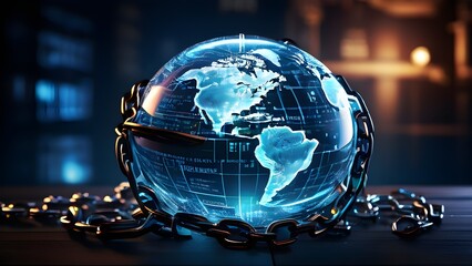 conceptual digital render showing a globe ensnared and locked by rusting steel chains