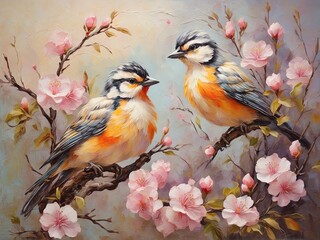 Birds sit on the branches of blooming spring trees. Oil painting in impressionism style