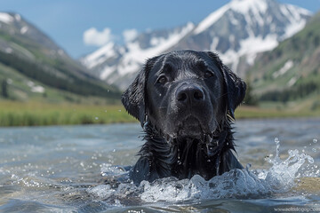 A black Labrador retriever splashing happily in a crystal-clear mountain stream.