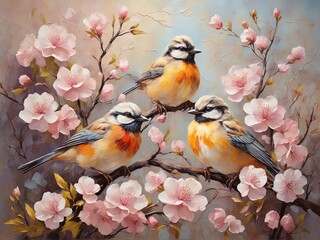 Birds sit on the branches of blooming spring trees. Oil painting in impressionism style