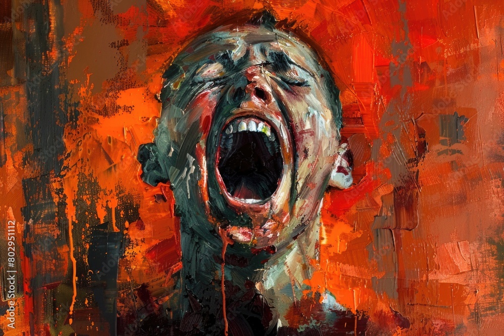 Poster a realistic painting of a man with his mouth open. suitable for various artistic projects