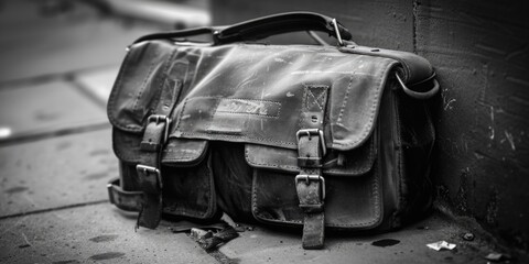 Black and white image of a bag on the ground, suitable for various concepts
