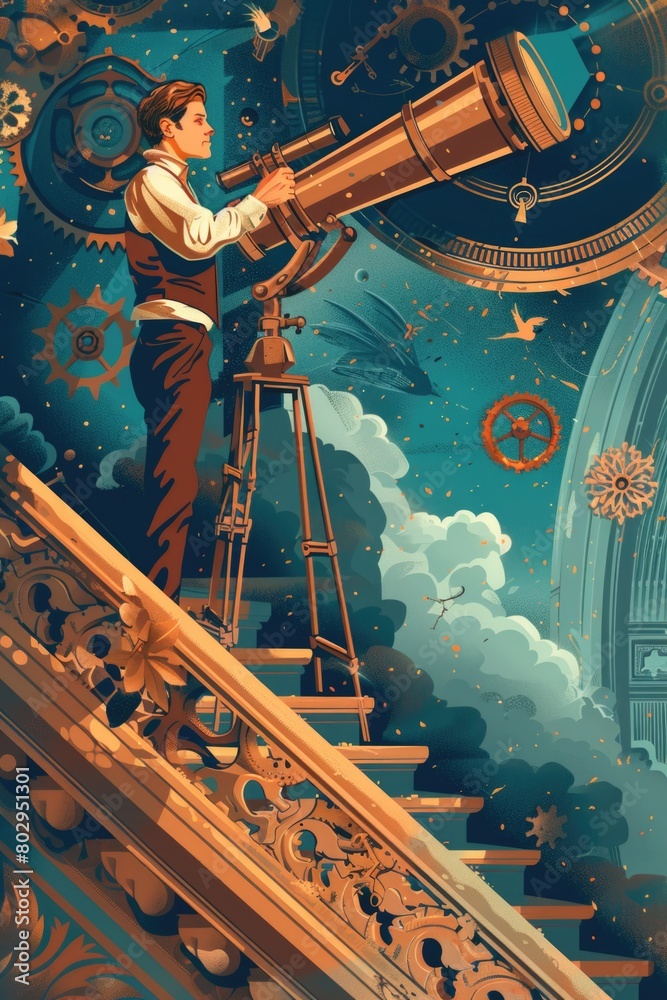 Poster A man standing on top of a staircase looking through a telescope. Suitable for educational and scientific concepts