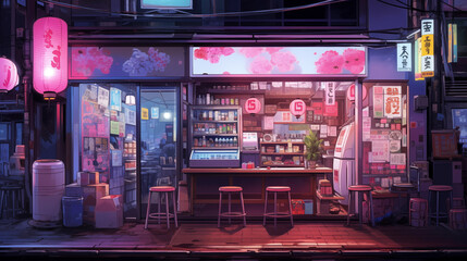 Fototapeta premium Cozy street food stand at dusk with glowing lanterns 2D cartoon illustration. Asian urban dining lofi wallpaper background lo-fi art. Japanese night market flat image cozy chill vibe