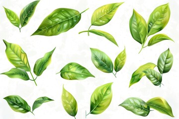A collection of green leaves on a white background. Perfect for nature-themed designs