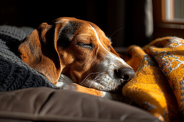 A contented basset hound snoozing in a patch of warm sunlight streaming through a window, ears twitching occasionally.