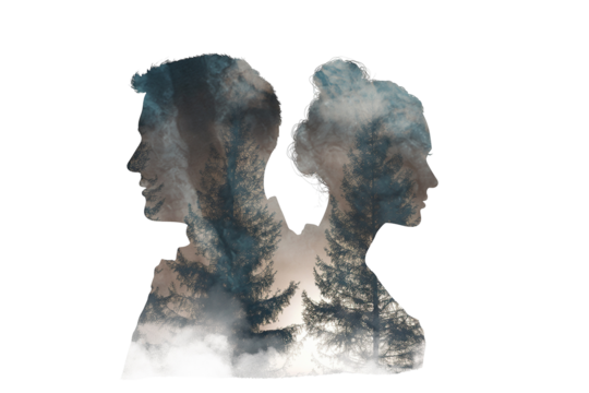 Silhouettes of a young man and woman in double exposure on a transparent background
