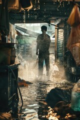 A man standing in a flooded area with a hose. Suitable for illustrating natural disasters