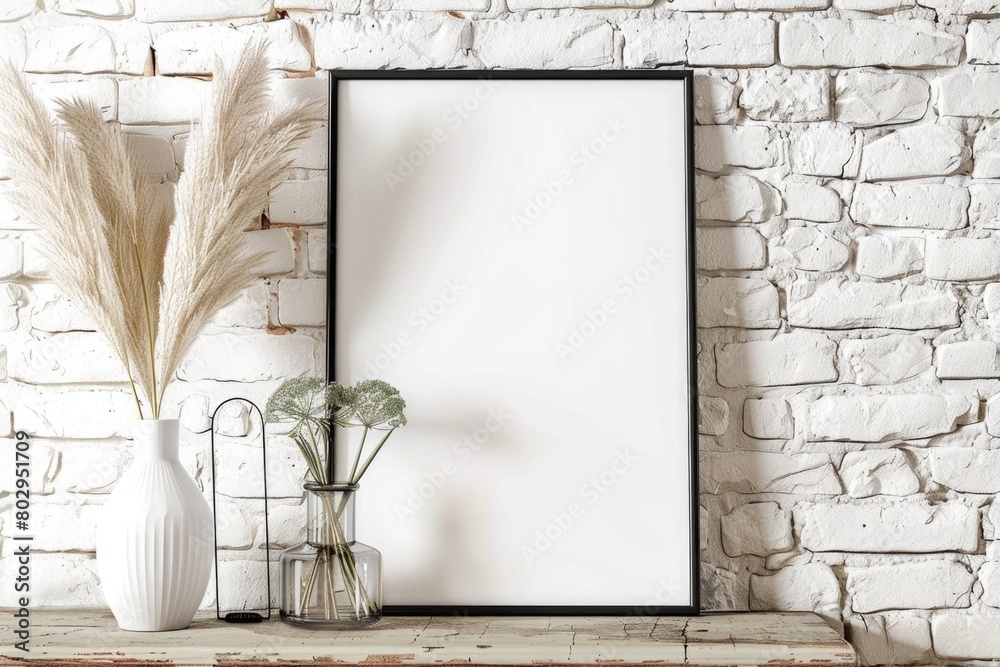 Poster a simple picture frame on a rustic wooden table. suitable for home decor or photography concepts