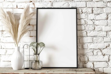 A simple picture frame on a rustic wooden table. Suitable for home decor or photography concepts
