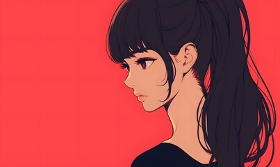 anime style. Cute young woman with ponytail style on a simple one color background, Generative AI