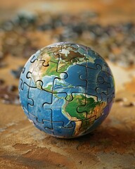 A creative depiction of a globe puzzle, with pieces coming together through collaborative effort, symbolizing unity