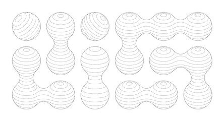 Digital globe 3d circles connected into soft spherical shapes. Latitude and longitude planet vortex mesh. Bend and curved orb set. Morphing balls twirl form