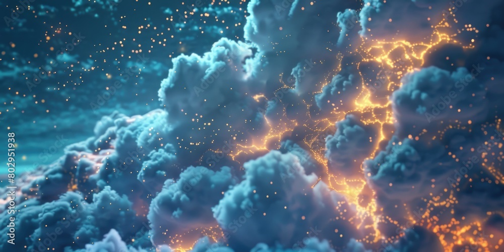 Poster a beautiful sky filled with fluffy clouds and sparkling stars. perfect for backgrounds or celestial 