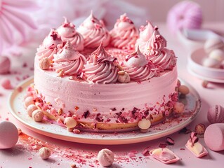 A decadent pink cake, perfect for a celebration, topped with lush decorations to symbolize indulgence and joy
