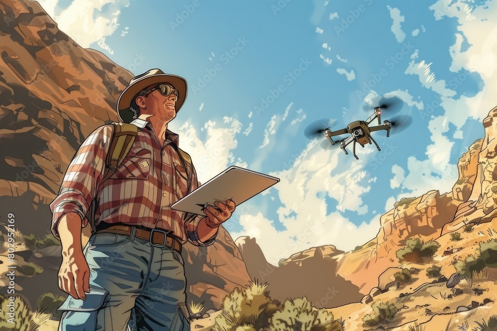 Poster a man standing in the desert looking at a laptop. suitable for technology concepts