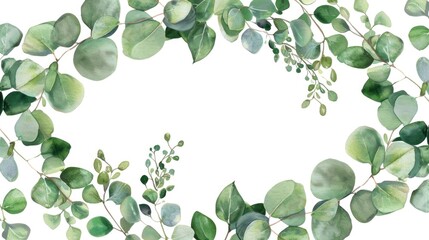 A wreath of green leaves and branches on a white background. Perfect for nature-themed designs