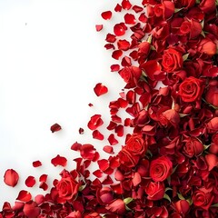 Bouquet of red roses with small hearts isolated on white red rose petals background

